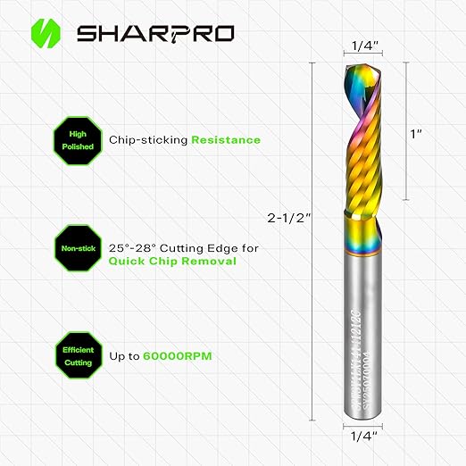 O Flute Upcut Spiral Router Bit 1/4 Inch Shank 1/4" Cutting Dia. 1" CL. 2-1/2"OVL. Carbide Single Flute CNC Router Bit, Ideal for Aluminum, Plastic, Acrylic, Wood, MDF and PVC