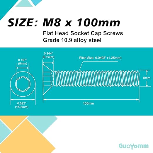 M8-1.25 x 100mm 10PCS Flat Head Hex Socket Cap Screws, Countersunk Bolts, 10.9 Grade Alloy Steel, Black Oxide Finish, Metric Allen Drive, Fully Threaded