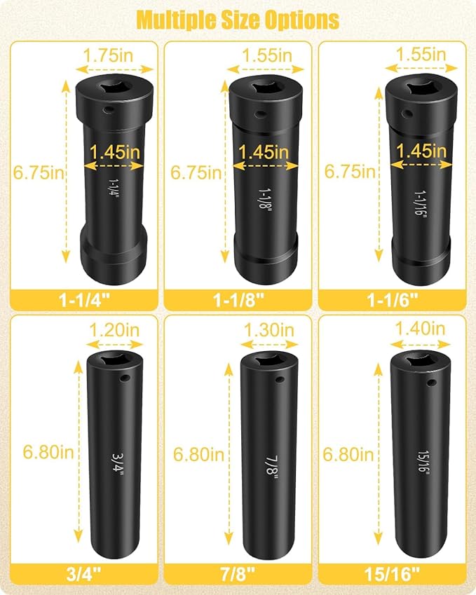 1/2 Inch Drive Extended Length Impact Socket, Extended Deep Sockets Hex Sizes 3/4in 7/8in 15/16in 1-1/16in 1-1/8in 1-1/4in Impact Set Heavy Duty with Case, 6PCS