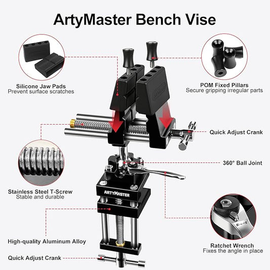 ArtyMaster Vise 4-Inch 360째 Ball Joint Swivel Bench Vise, Heavy Duty Aluminum Clamp-On Workbench Vise with Quick Ratchet Lock, Silicone Jaw Pads, Ideal for Woodworking, Repair & DIY Projects (WT117A)