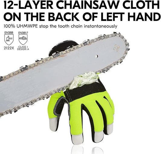Vgo... 1Pair Chainsaw Gloves, 12-Layer Chainsaw Protection on Left Hand Back,Goat leather Work Gloves, Mechanic Gloves