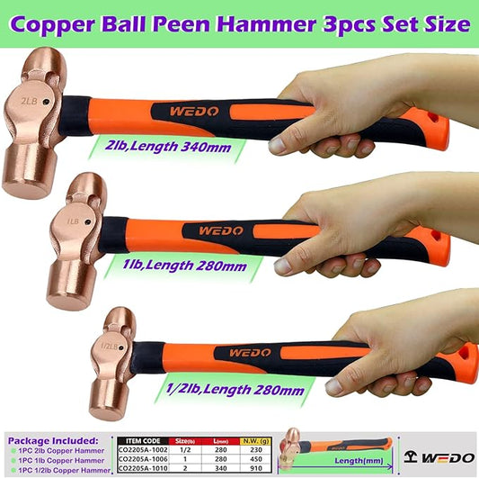 WEDO 3PCS Copper Ball Peen Hammer Set, 8 oz + 16 oz + 32 oz(1/2lb+1LB+2lb),Ball Pein Hammer with Fiberglass Handle, Die-Forged, Corrosion Resistant, DIN Standard