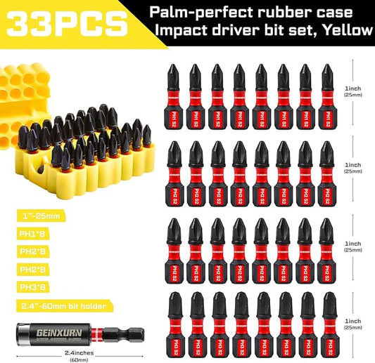 Impact Phillips Screwdriver Bits Set, 33 Pieces 1?쒶agnetic(PH1/PH2/PH3) S2 Steel Multi Cross Driver Bits and 1 Pc Bit Holder with Yellow Soft Base