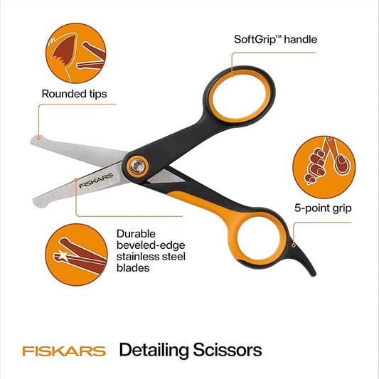 Fiskars Pet, Dog & Cat Grooming Scissors, Rounded Tips & SoftGrip Handle, Cat and Dog Supplies, 5.5?? Orange/Black, Detailing Scissors