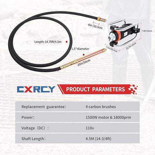 CXRCY Concrete Vibrator 1500W 2HP 18000RPM Powerful Copper Motor, 4.5M (14-3/4ft) Long Flexible Shaft, Electric Concrete Vibrator Handheld for Removing Air Bubbles & Smoothing