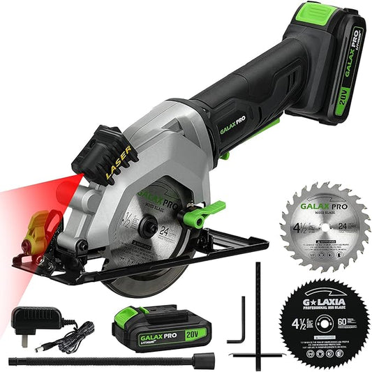 GALAX PRO Mini Circular Saw, DC20V 4-1/2" Cordless Circular Saw with 2.0Ah battery, Laser Guide, Rip Guide, 2 Pcs Blades(24T+ 60T), 3400RPM, Max Cutting Depth 1-11/16"(90째), 1-1/8"(45째)