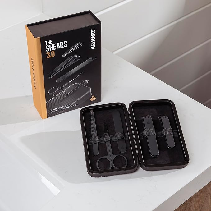 MANSCAPED짰 Shears 3.0, 5-Piece Precision Men?셲 Nail Grooming Travel Kit, Stainless Steel Manicure Set with Fingernail & Toenail Clippers, Nail File, Slant Tip Tweezers, Cuticle Scissors, Travel Case