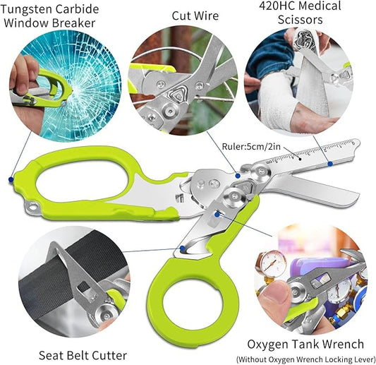 6 In 1 Multi-function Trauma Shears Foldable with Compatible Holster and Penlights,Emergency Trauma Shears with Strap Cutter and Glass Breaker for Outdoor Medical Scissors Tools Green