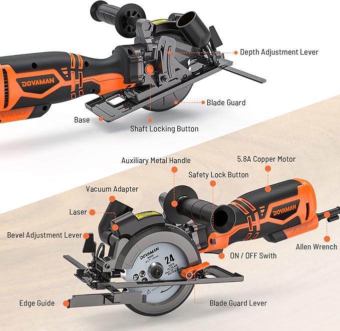 DOVAMAN Circular Saw, 5.8A 4-1/2" Circular Saw w/Laser, Metal Auxiliary Handle, 6 Blades (4½", 4¾"), Cutting Depth 1-11/16" (90°), 1-3/8" (45°), Ideal for Wood, Soft Metal, Plastic, Tile - MCS01A