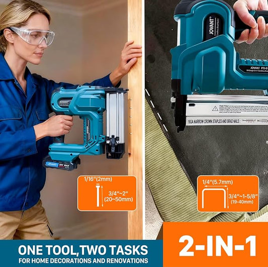 Brad Nailer Electric, 18 Gauge Brad Nail Gun, 2-in-1 Brad Nailer with 800pcs Nails&Staples, Nail Gun with 2횞2.0Ah Batteries, for Woodworking, Home Improvement JOVANT