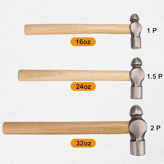 3 Pack Ball Peen Hammer with Wooden Handle, 16 oz, 24 oz, 32 oz Ball Pein Hammer with Wooden Handle for Mechanics and Jewelry-Making, Metal working, Hardware, Manufacturing