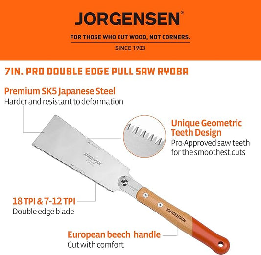 JORGENSEN Japanese Pull Saw RYOBA, 7 Inch Pro Double Edge, SK5 Flexible Blade, 18 TPI & 7-12 TPI Teeth, Woodworking Hand Saw for Hardwood & Softwood, Wood Trim
