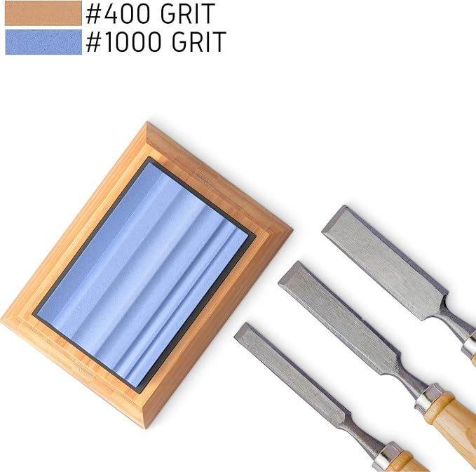 Sharp Pebble Sharpening Stones for Wood Carving Tools-Two Whetstones Grit 400 & 1000 Gouge Sharpener- Waterstone Sharpening System for Wood Carving Knives & Chisels with Non-Slip Bamboo Base