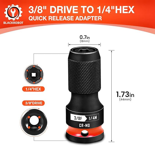 BLACKROBOT Quick Release Impact Bit Holders 3/8-Inch Square Drive to 1/4-Inch Hex Socket Adapter, CR-MO Steel, Red
