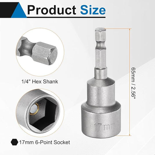HARFINGTON Nut Driver Drill Bit 17mm Metric Socket 1/4" Hex Shank 2.56" (65mm) Long Magnetic 6-Point Sockets Quick Change CR-V Steel Bolt Setters for Power Drill Drivers