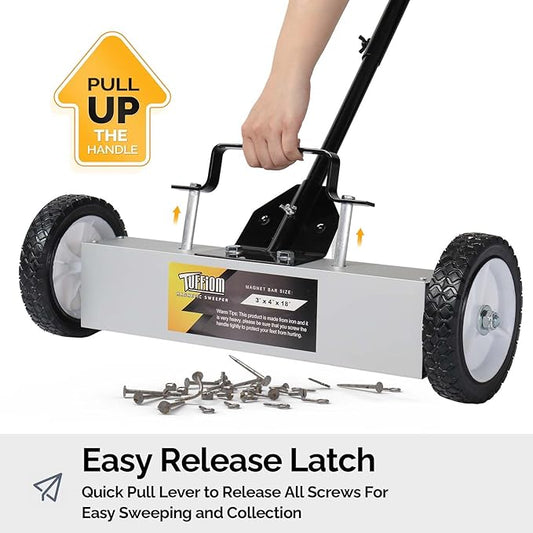 TUFFIOM 18'' Rolling Magnetic Pick-Up Sweeper |45-LBS Capacity, with Quick Release Latch & Adjustable Long Handle, for Nails Needles Screws Collection