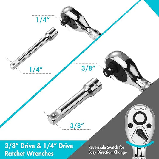 DURATECH Stubby Ratchet Set, 1/4-Inch and 3/8-Inch Ratchets with 2 Extension Bars, 4-piece, 72-T Reversible Quick-Release Head, Chrome Plated Finish and Full Polish