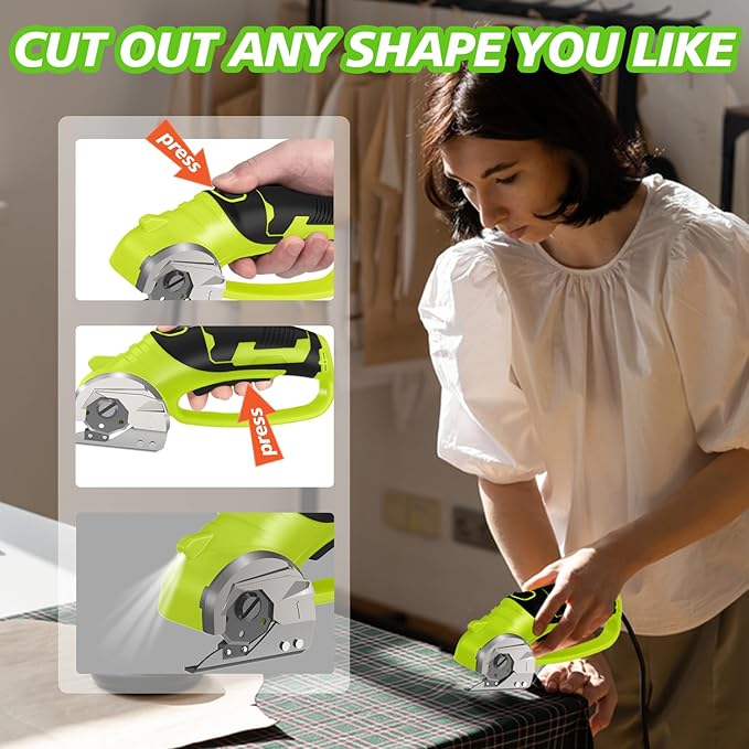 Cordless Electric Scissors, 4V Rechargeable Box Cutter & Cardboard Cutter with LED Light, Safety Lock - Rotary Cutter for Fabric, Leather, Carpet, Plastic, Crafting, Sewing with Storage Box (Green)