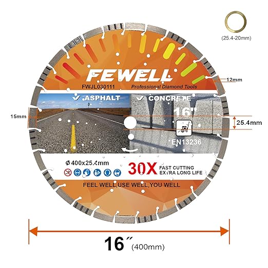 FEWELL 16" Premium Diamond Saw Blade, Multi-Purpose Diamond Blade, Cutting Hard Reinforced Concrete Asphalt Masonry Stone Terrazzo, Laser-Welded Segmented, 1"-20mm Arbor