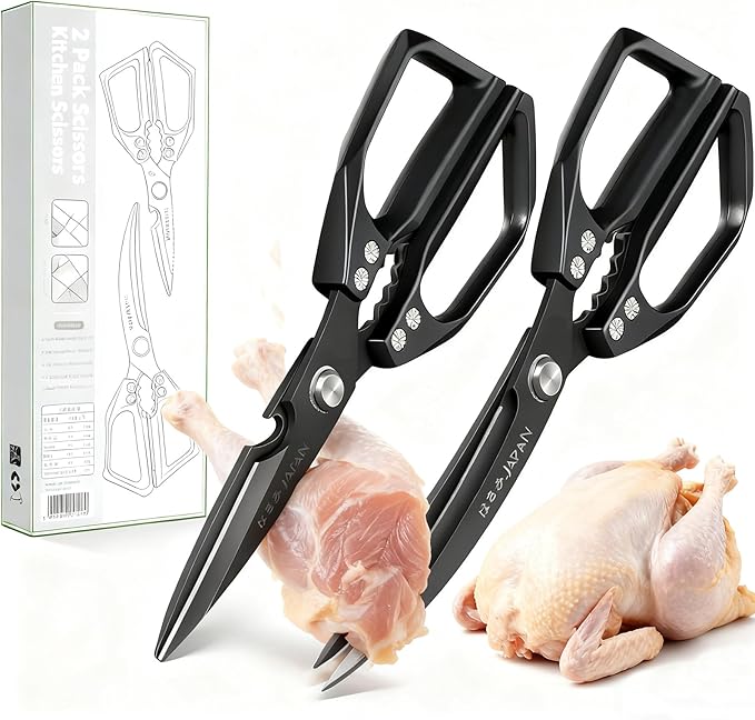 2-Piece Heavy Duty Kitchen Scissors Professional Stainless Steel Meat & Poultry Shears for Cutting Chicken Bones with Ergonomic Comfort Grip, Dishwasher Safe Cooking Scissors for Kitchen & BBQ Black