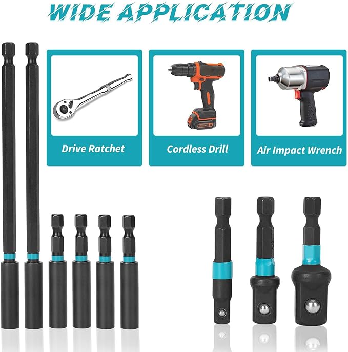 10 Pcs Impact Driver Bit Adapter Set,5 PCS Strong Magnetic Screwdriver Bit Holder 2.4 Inch Extension + 6Inch Magnetic Screwdriver Bit Holder Extension + 3Pcs Socket Adapter Set With Tough Case