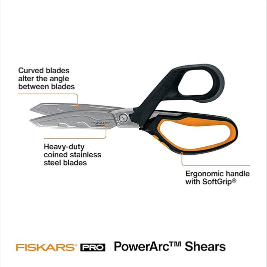 Fiskars PowerArc 8" Shop Shears, Heavy Duty Serrated Stainless Steel Scissors with Comfort Grip, Hardware Tool for Construction, Cut Materials like Insulation, Duct Tape, Cardboard, Rope and Tyvek