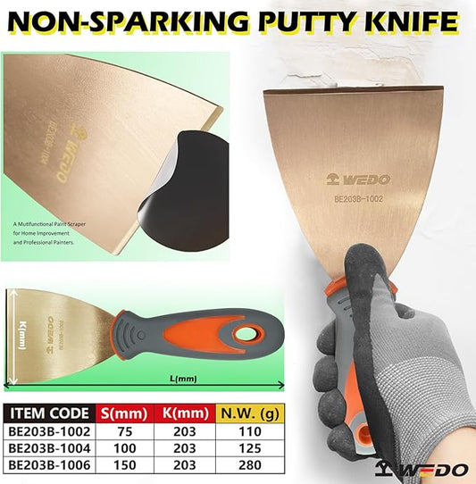 WEDO Non-Sparking Putty Knife with Straight Blade and Comfortable Handle,Spark-free Safety Putty Knife,Durable,Beryllium Copper,Non-Magnetic,DIN Standard,BAM & FM Certificate,75 * 203mm