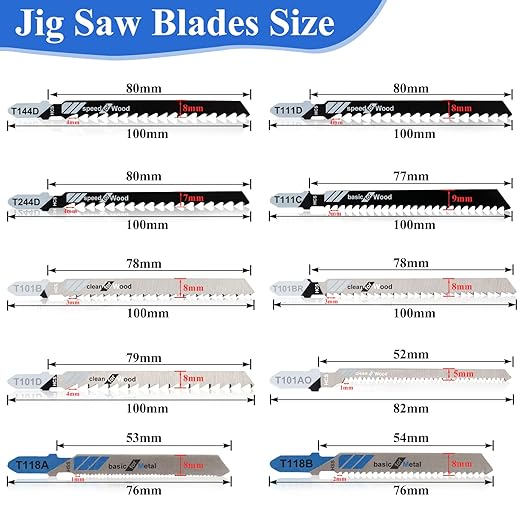 Jigsaw Blades, 10 Piece Jig Saw Blades, Assorted T-Shank jig Saw Blades for Wood, Metal and Plastic Cutting(T111D, T101AO, T101BR, T101D, T101B, T118A, T118B, T144D, T244D,T111C)