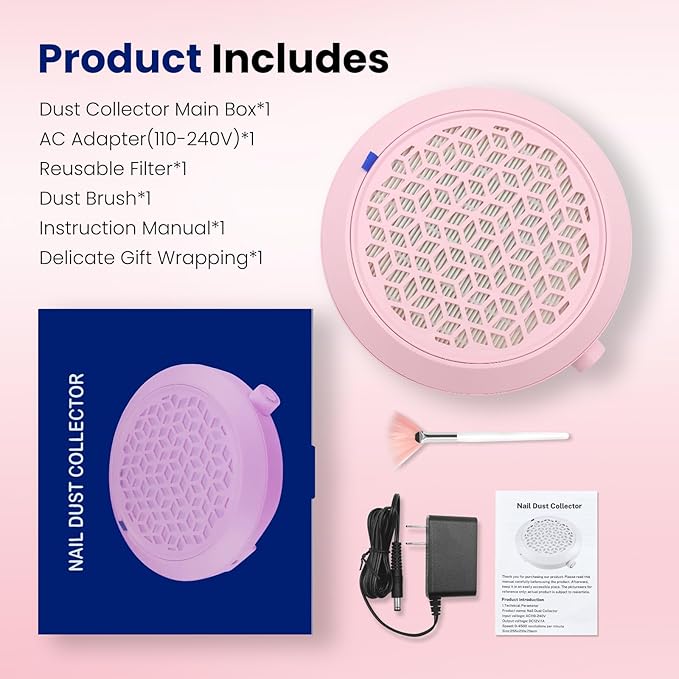 Pink Nail Dust Collector Quiet, Mini Portable Nail Vacuum Dust Collector Nails Tech Ventilation System With Reusable Filter And Duster, 4500 Rpm Nails Fan For Acrylic Gel, Magnetic Design.