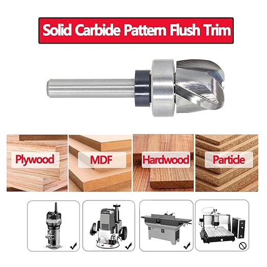 Pattern Flush Trim Router Bit 1/4 Shank, 3-Flute, 1/4" Radius, 3/4" Dia, 5/8" Height, Carbide Head Bowl & Tray Router Bits, Round Nose Cove Juice Groove Router Bit, for Making Wood Bowls/Trimming