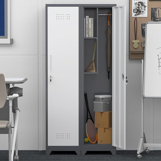 GREATMEET Broom Closet Storage Cabinet, 65'' Slim Metal Single Door Lockable Cleaning Storage Cabinet for Brooms, Mops & Cleaning Supplies, Utility Storage Cabinet for Garage, Laundry Room, White&Grey