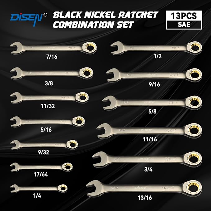 DISEN 13pcs 90 Teeth Ratcheting Wrench Set, Fixed Head SAE Combination Ratchet Wrenches Set 1/4 Inch - 13/16 inch, Nickel Plating Cr-V Constructed with Organizer