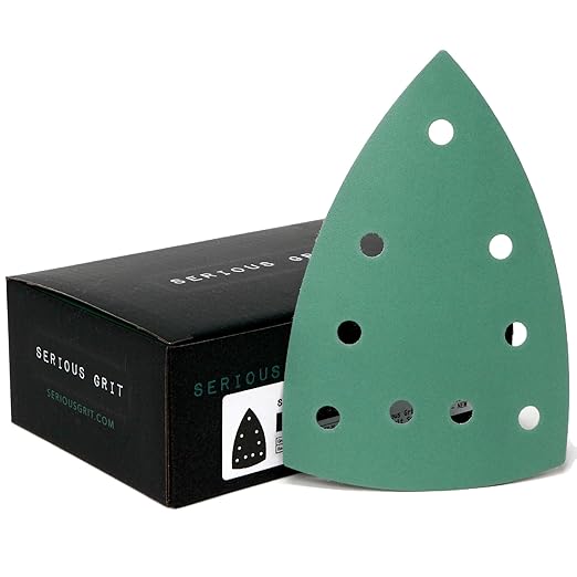 Serious Grit - 400 Grit 4" x 6" Delta (100mm x 150mm) Triangle Sanding Sheets - Fits Festool DTS 400 & Mirka DEOS Delta Sanders - Heavy-Duty Hook & Loop Film Sandpaper for Detail Sanders - 50 Pack Box