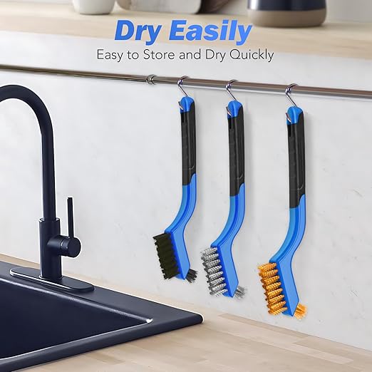 Wire Brush Set, 6 Pcs Stainless Steel/Brass/Nylon Wire Brushes for Cleaning with Curved Handle Grip for Rust Removal, Dirt, Paint Scrubbing(Blue)
