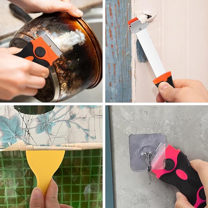 2 Pcs 2-in-1 Razor Blade Scraper Tool with 30Pcs Plastic Blades, 30Pcs Metal Blades and 2Pcs Plastic Cleaning Scrapers for Decals, Stickers, Labels, Caulk, Adhesive, Paint Removal