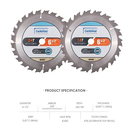 Luckyway 6-1/2 Inch Circular Saw Blade 18T&24T Framing with 5/8 Inch Arbor TCT (Tungsten Carbide Tipped) Saw Blade for Cutting Wood 2-Pack