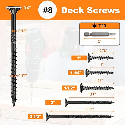 #8 x 1-1/4” Deck Screws, 500Pcs Star Drive Wood Screws, Rust Resistant Timber Screws for Timber/Log/Landscaping Wood, T20 Star Bit Included, Black