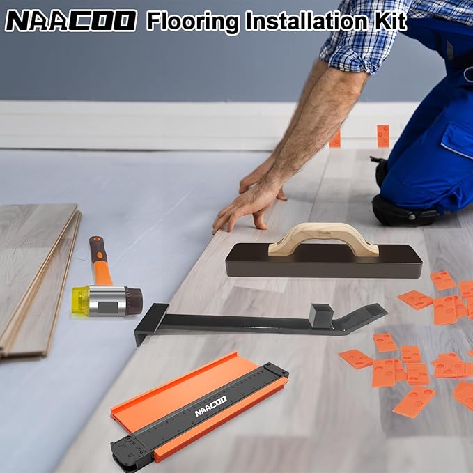 NAACOO Laminate/Vinyl Flooring Tools, Heavy Tapping Block for Vinyl Plank Floor, Heavy Pull Bar, 10?쒬ontour Gauge, 40pc Flooring Spacers, Rubber Mallet - 5 in 1 Floor Installation Kit
