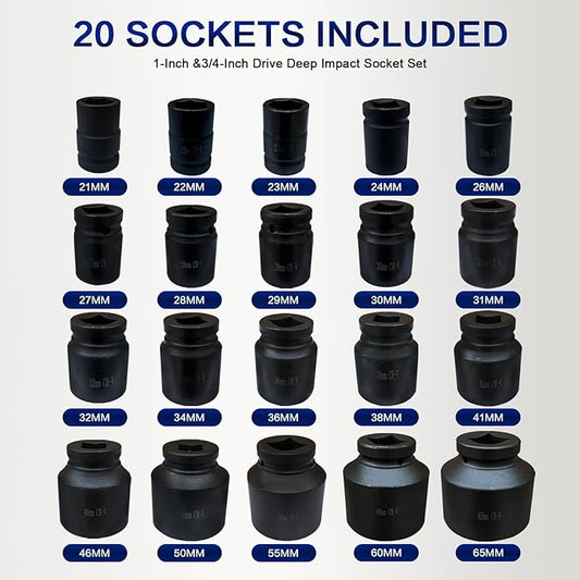 3/4" and 1" Impact Socket Set, 6 Point Metric Drive Socket Sets 21-50 mm and 55-65 mm, 26PCS Cr-V Heavy Duty Socket Set with Adapter, Ratchet Wrench, Extension Bar and Dedicated Case