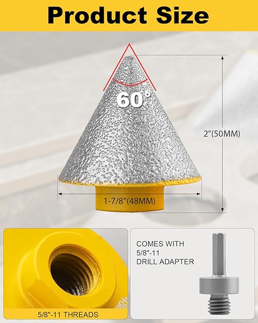 Diamond Beveling Chamfer Bit, Diamond Countersink Drill Bit for 1-7/8"(48mm) Hole Enlarging Trimming Grinding in Tile, Marble, Glass, Granite, Ceramic with 5/8-11" Thread Adapter