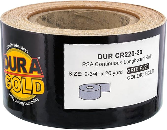 Dura-Gold Premium Gold 220 Grit PSA Longboard Sandpaper, 20 Yard Roll, 2-3/4" Wide, Self Adhesive Stickyback, Woodworking & Automotive Sandpaper Roll, Air File Sand Paper, Auto Sanding Blocks
