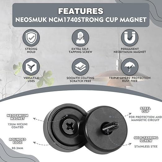 Neosmuk Magnets with Screws,22lbs+ Heavy Duty Rare Earth Neodymium Mounting Magnets with Holes,Countersunk Round Disc Industrial Magnets for Wall Mounting,10 Pack,Black