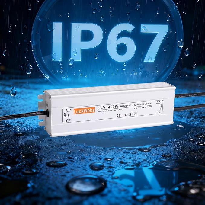 LED Driver 24V400W Waterproof Power Supply AC90-130V to DC24V16.7A Low Voltage IP67 Transformer for Outdoor LED Signage and Advertising Light Boxes and Any 24V DC LED