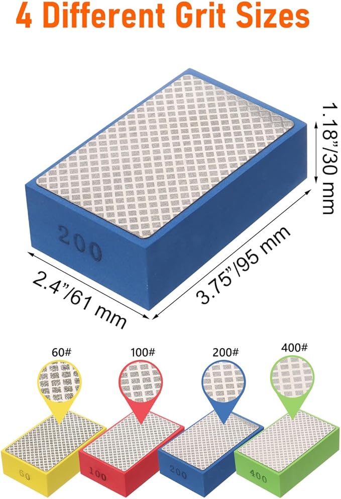 Diamond Sanding Pads, 4 Pack Diamond Hand Polishing Pads with Foam Backing 60/100/200/400Grit, Sanding Block for Glass Wood Ceramic Marble Metal Tile.
