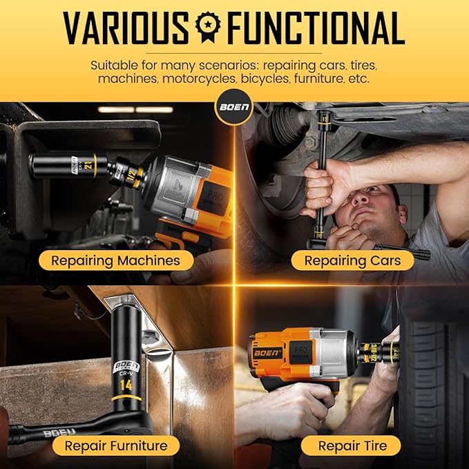 boen 1/2" Drive Impact Socket Set, 36PCS Metric (10-24mm) Deep & Shallow Sockets, 6 Point Design, with Extension Bars, Adapters, Universal Joint, Yellow Embossed Marking
