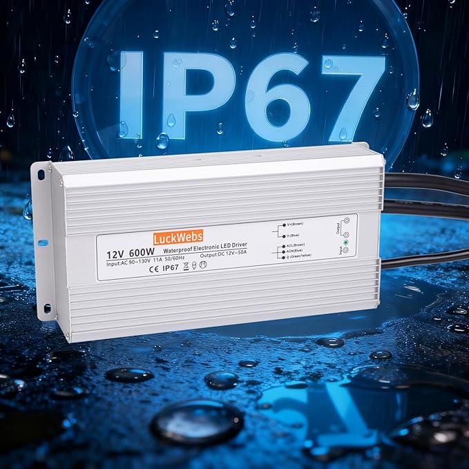 LED Driver 12V600W Waterproof Power Supply AC 90-130V to DC 12V50A Low-Voltage IP67 Switching Power Supply Outdoor LED Garden Landscape Lights LED Strip Light Spotlights Transformer