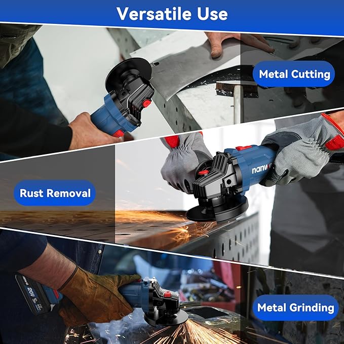 NANWEI 4-1/2" Angle Grinder Tool Cordless Brushless,3 Variable Speed Angle Grinder竊?Pcs 4.0Ah 20V Batteries竊똌ax 9800rmp竊?Pcs Cutting Discs For Cutting Grinding Polishing (5" - Battery Set)