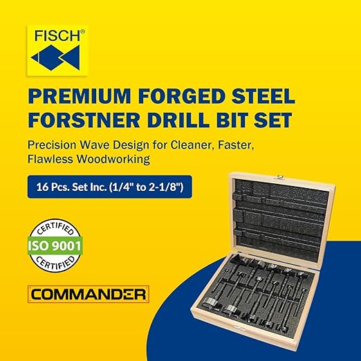 Fisch Black Shark Forged Steel Forstner Drill Bit for Woodworking, Precision Wave Design, Clean Cuts in Hardwoods, MDF, and Plywood, Made in Austria, 16 Pcs. Set Inc.(1/4" to 2-1/8") in a Box