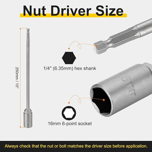 HARFINGTON 2pcs Nut Driver Drill Bit 16mm Metric Socket 1/4" Hex Shank 10" (250mm) Extra Long Magnetic 6-Point Sockets Quick Change 40Cr Steel Bolt Setters for Power Drill Drivers