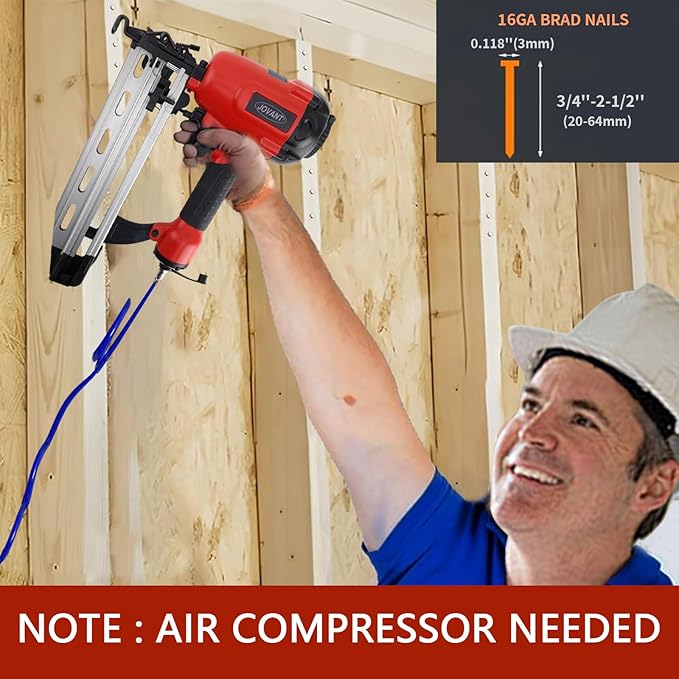 Pnumatic Finish Nailer,16Gauge Nail Gun Acepts 3/4 Inch up to 2-1/2 Inch Finish Nails.Brad Nailer Gun Can Hit Hardwood Ideal for Upholstery (Include 6m Air Tube & Portable Bag)